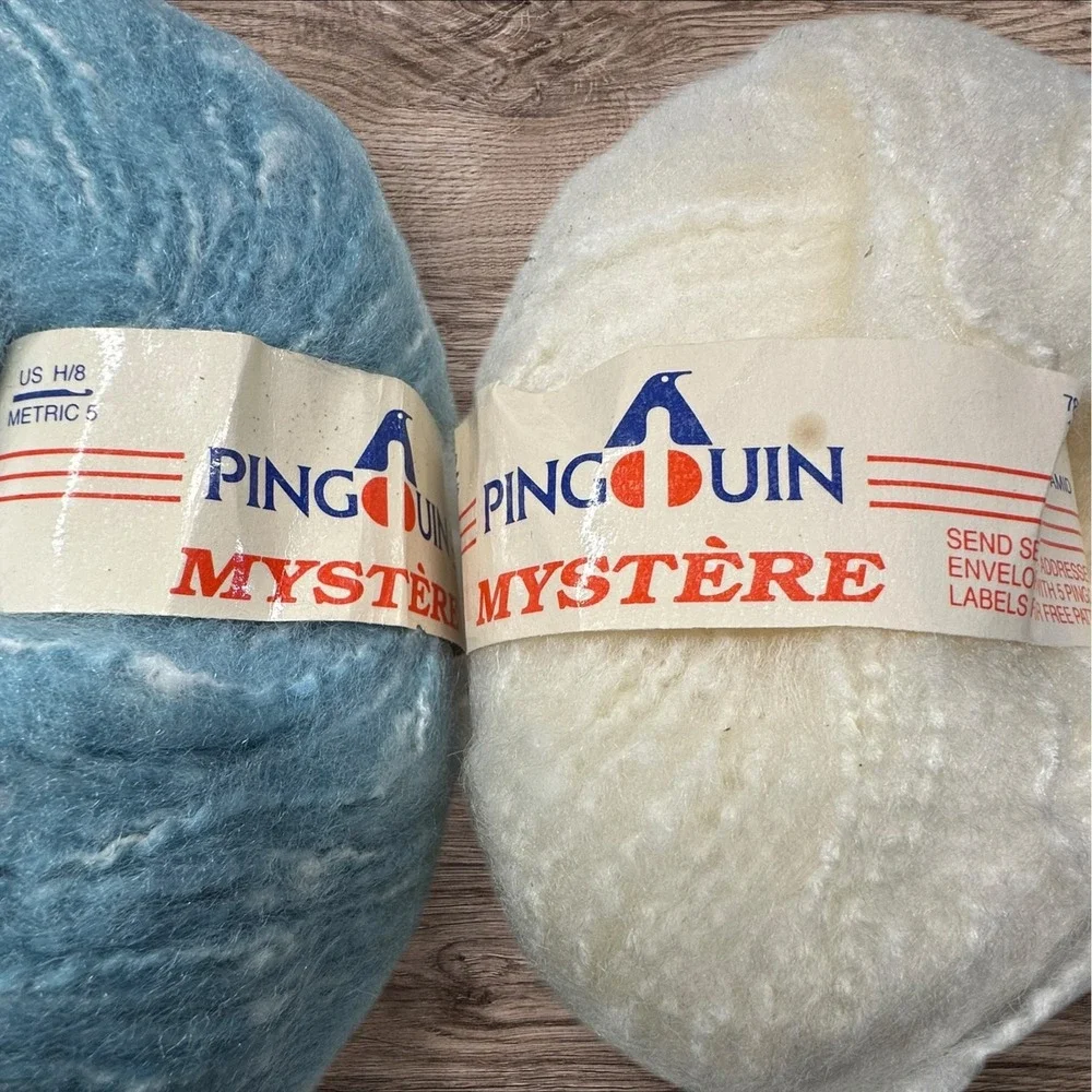 4 Vintage Pingouin Mystere Mohair Wool Blend FluffyYarn 2 Cream 2‎ Blue